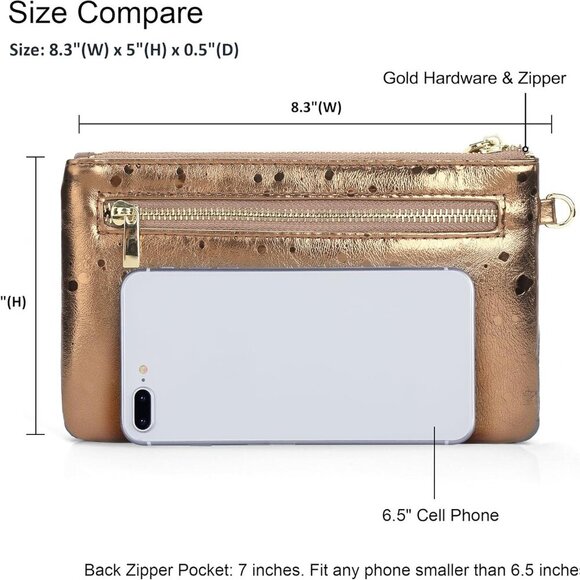 Women's Genuine Italian Leather Wristlet Clutch Wallet Purse, Gold Zipper - Picture 4 of 5